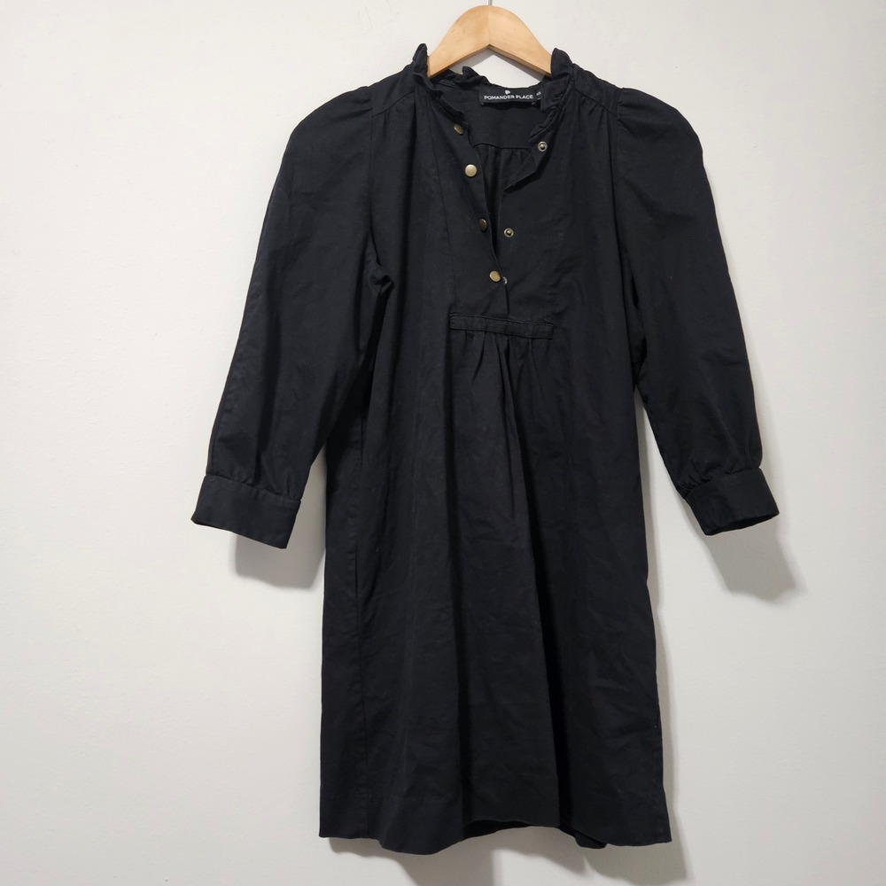 Pomander Place Black Ruffle Neck Button Front Cotton Shift Dress XS Y1867DT